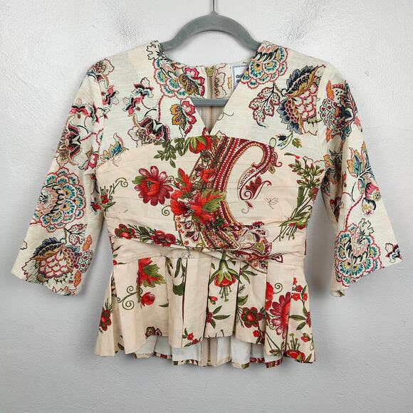 Autumn Adeigbo Giada‎ Top Womens 2 Cream Red Paisley Cotton Linen Blouse Boho - Picture 1 of 8